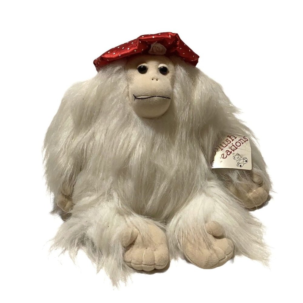 Vintage Plush Creations Inc White Long Hair Red Hat Orangutan Monkey Ape Plush